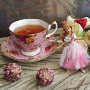 Setti: teekuppi ja lautanen - vaaleanpunainen, ruusut