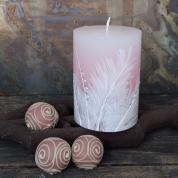  Candle - Cylinder 10cm. - Feathers, pink, white, silver